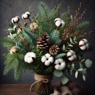 Rustic floral arrangement with cotton and pinecones