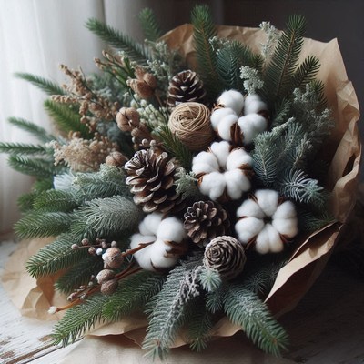 Beautiful winter bouquet with cotton and pinecones