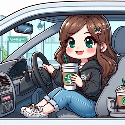 Young woman enjoying a drink while driving in a car