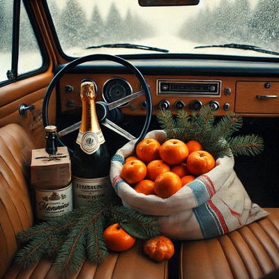 Festive road trip essentials with champagne and oranges