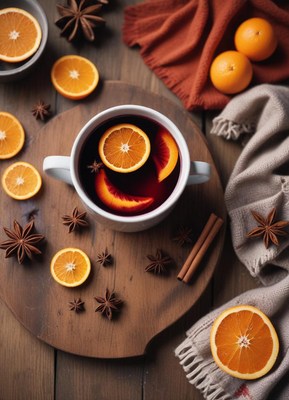Warm beverage with citrus and spices on wooden table