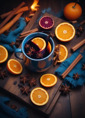 Warm beverage with spices and citrus on wooden surface