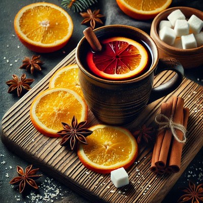 Warm citrus drink with spices in a cozy setting