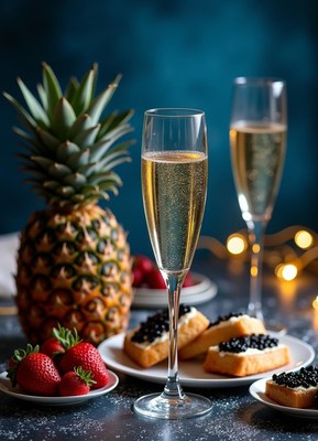 Celebration with sparkling drinks and tropical fruits