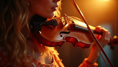 Young woman playing violin in warm, intimate setting