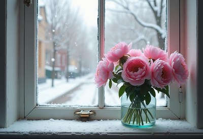Fresh flowers in a winter window setting