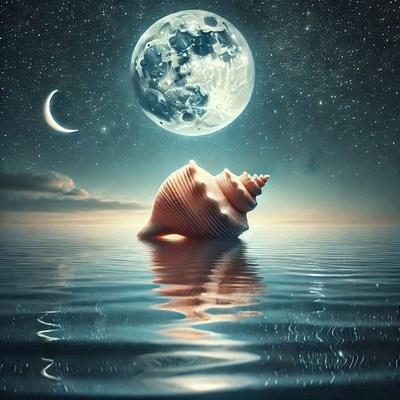 Shell on calm water under a bright moonlit night