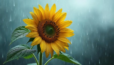 Sunflower blooming in the rain under a moody sky