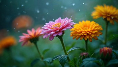 Colorful flowers blooming in a gentle rain shower