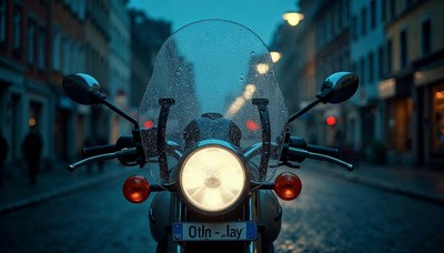 Motorcycle parked on a wet street at dusk