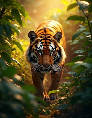 Majestic tiger walking through dense jungle foliage