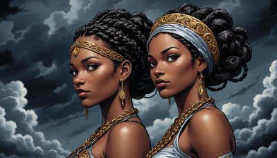 Twins in elegant attire with intricate hairstyles