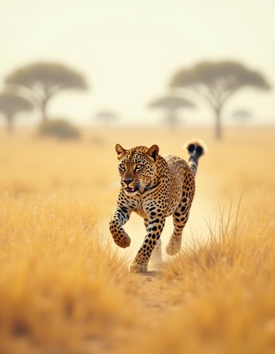 Leopard runs through golden grassland during sunset