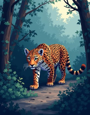 Leopard strides through dense morning forest