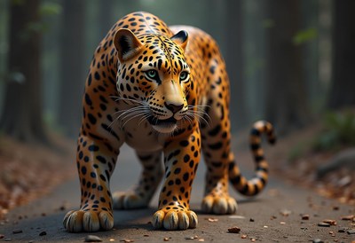 Large leopard walks along forest path at dusk