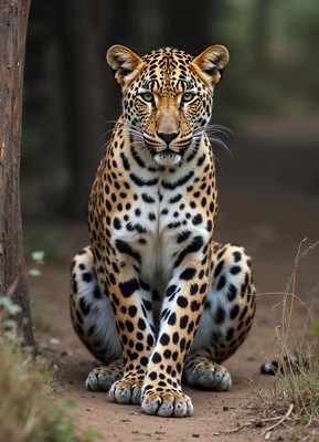 Leopard resting on a path in a dense forest
