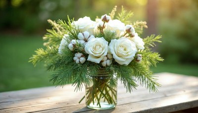 Beautiful white rose bouquet in a sunny garden setting