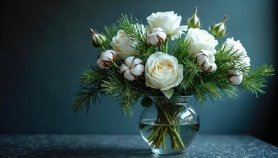 Elegant floral arrangement in a glass vase with greenery