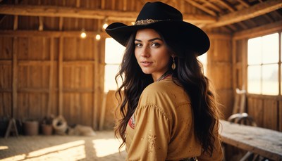 Elegant woman in cowboy hat poses in rustic barn