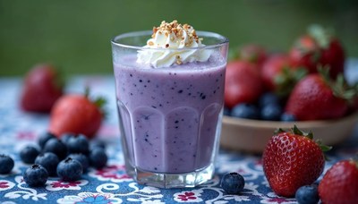 Berry smoothie served with fresh strawberries outdoors