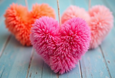 Colorful pom pom hearts decorate a wooden surface