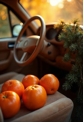 Oranges on a seat in a vintage car during sunset