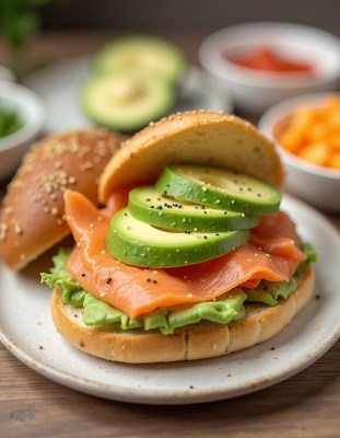 Delicious smoked salmon sandwich with fresh vegetables
