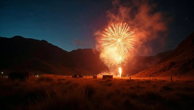 Colorful fireworks light up a mountain landscape at night