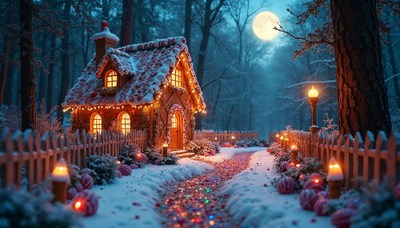 Cozy cottage in a winter wonderland at night