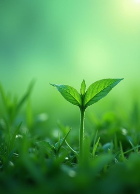 Green sprout emerging from the grass in bright sunlight
