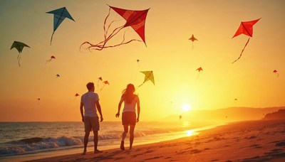 Couple enjoying a sunset with colorful kites flying