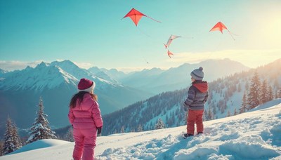 Kids flying kites in snowy mountains on a bright winter day