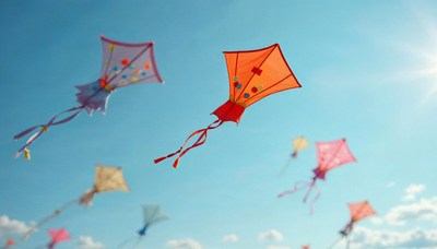 Colorful kites soaring in a bright blue sky