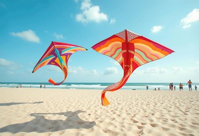 Colorful kites soaring above a sunny beach