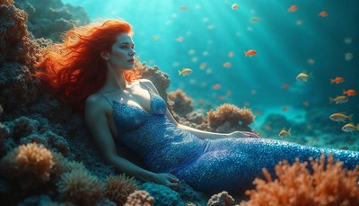 Mermaid resting among coral with colorful fish in water