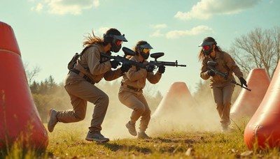 Team engages in action-packed paintball match outdoors