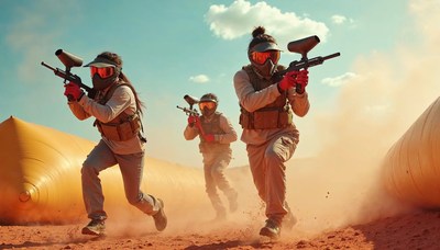 Team engages in paintball competition at desert location
