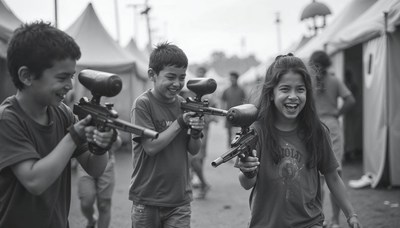 Children playing paintball in outdoor arena during day