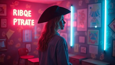 Unique woman in pirate hat poses under neon lights