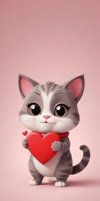 Cute cartoon cat holds a red heart symbolizing love