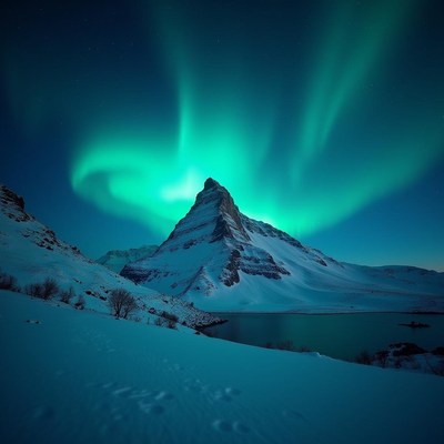 Northern lights illuminate snowy mountain landscape at night