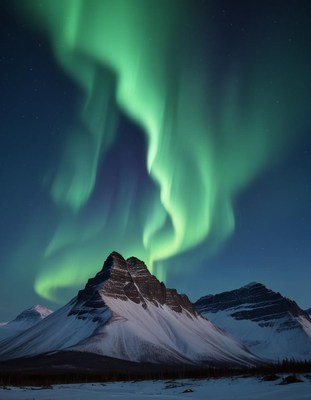 Majestic northern lights dance over snowy mountains