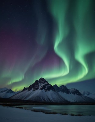 Northern lights illuminate a mountain landscape in winter