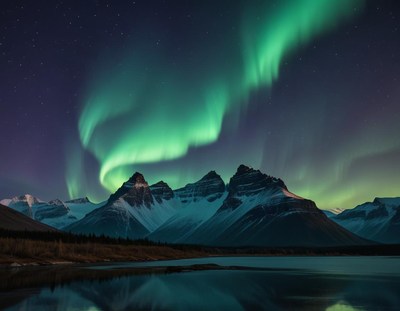 Northern lights illuminate mountains at twilight