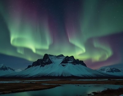 Stunning northern lights illuminate a mountain landscape