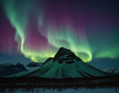 Vibrant northern lights illuminate mountain peak at night