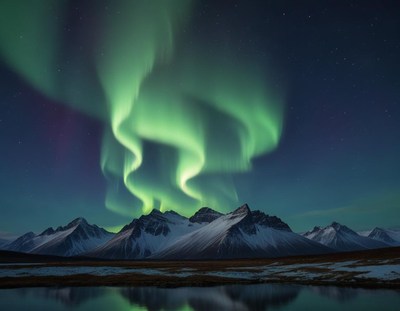 Mesmerizing northern lights illuminate snowy mountain range