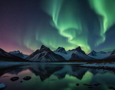 Stunning display of northern lights over snowy mountains