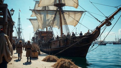 Sailors and ships docked at a lively waterfront harbor