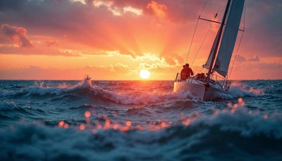 Sailor navigating waves at sunset over the ocean